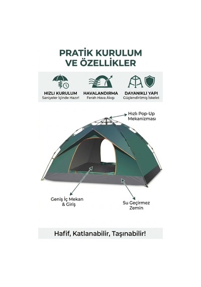 Kamptek Outdoor 4 Kişilik Otomatik Kurulum Kamp Çadırı - Çift Katmanlı, Su Geçirmez, 220x200x140 Cm Yeşil - Renkli