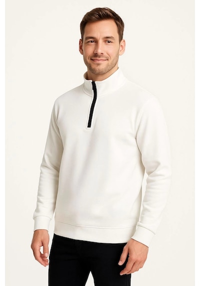 Novalisse Erkek Dik Yaka Yarım Fermuarlı 3 İplik Pamuklu Sweatshirt - Beyaz Çoklu Renk