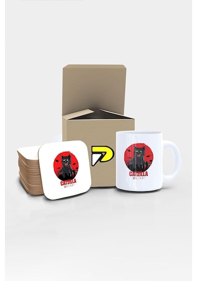 Catzilla Komik Kedi Tasarımlı Baskılı Kupa Bardak Seti, Eğlenceli Özel Hediye Mug Çok Renkli
