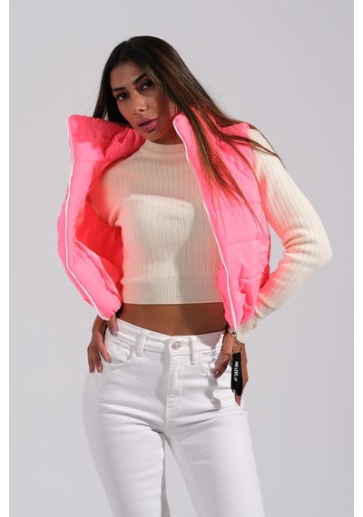 Keyifli Moda Kadın Pembe Sırtı Taş İşlemeli Dik Yaka Kısa Şişme Yelek-pembe Pembe