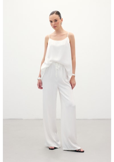 Sateen Bağcıklı Salaş Pantolon - Ekru-136382 Ekru