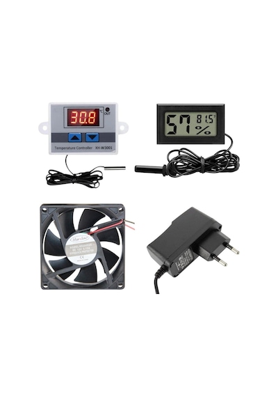 Kuluçka Makinesi Seti - 4 Parça - W3001 Termostat 220v - Isı Nem Ölçer - 12v Adaptör - 80x80 12v Fan-4930