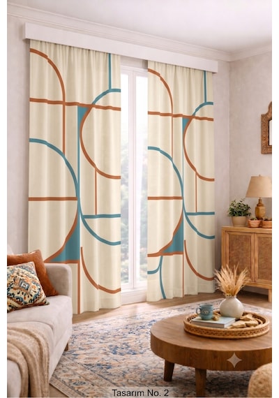 Modern Vintage Desenli Fon Perdesi 140x260 Cm 2 Kanat Dekoratif Dijital Baskılı Premium Salon Oturma Odası Yatak Odası Pencere Perdesi Beyaz