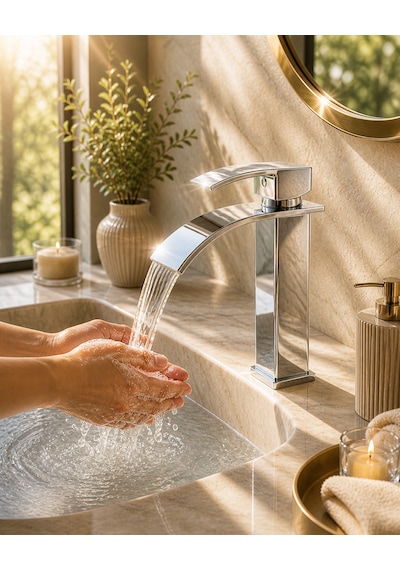 Eshome Krom Kare Lavabo Bataryası Şelale Akışlı Kare Gövde Modern Banyo Musluğu Çift Su Girişli Premium