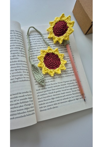 Ay Çiçeği Set Amigurumi Kitap Ayracı Ve Kalem Süsü Hediyelik Ürün Kalem Başlığı