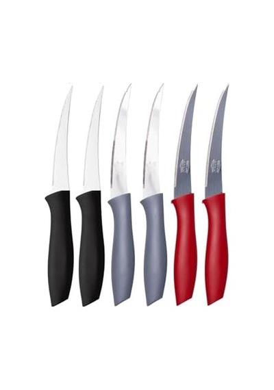 Sebze Ve Meyve Bıçağı, Çelik, Siyah + Gri + Kırmızı Lazer Kesim Tırtıklı Uç, 22 Cm, 6 Adet