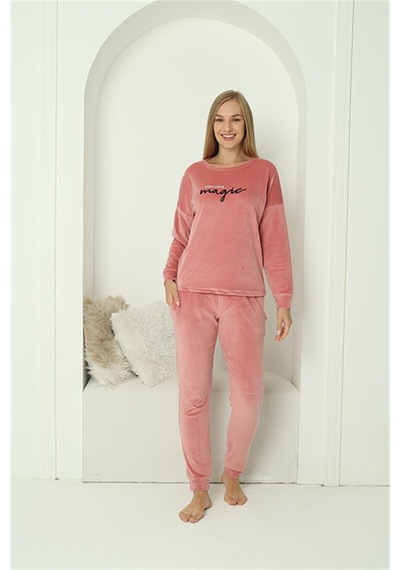 Akbeniz Kadın Kadife Pembe Pijama Takım 20624 - L Pembe