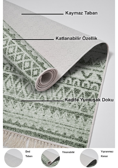 Dekoreko Kaymaz Taban Djt Salon Halısı Trend Saçaklı Iskandinav F5078 Yeşil