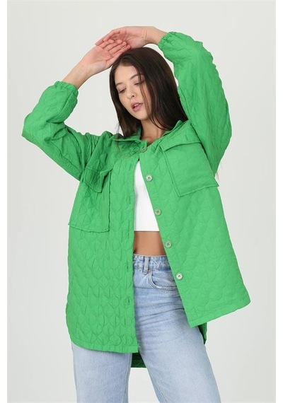 Neşeli Butik Kadın Kapitone İşlemeli Owersize Regular Ceket Gömlek Nb10055 Yeşil