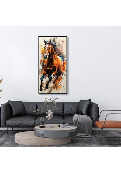 Yağlı Boya Dokulu Tablo Koşan Kahverengi Dikey At Siyah Çerçeveli U04034-178948