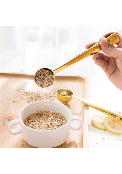 Mandallı Gold Kahve Ölçü Kaşığı Paslanmaz Çelik Açık Ahşap