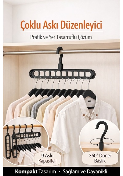 Jasper Siyah Çok Fonksiyonlu 9 Gözlü Dolap Içi Düzenleyici Organizer Sihirli Askı Tişört Gömlek Elbise Ask