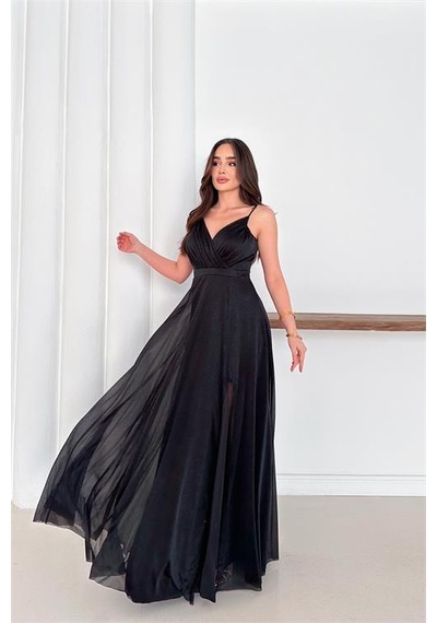 Neşeli Butik Kadın Ayarlanabilir Askılı Yırtmaçlı Tül Abiye Elbise Rys9276 Siyah