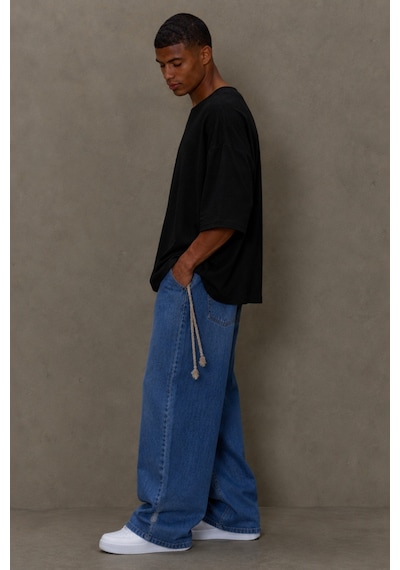 Tarz Cool Erkek Oversize Keten Görünümlü Basic Tişört Salaş Kesim Bisiklet Yaka Günlük Streetwear T-shirt Siyah