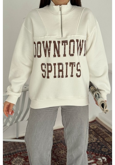 Noa & Noa Kadın Fermuarlı Baskılı Sweatshirt Downtown Energy Beyaz