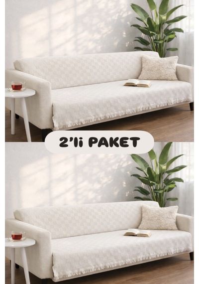 Miracolo Home Pamuklu Koltuk Örtüsü Şalı Kaymaz Dokulu Çok Amaçlı Kanepe Çekyat Örtüsü 170x200 Cm 2'li Paket Ekru