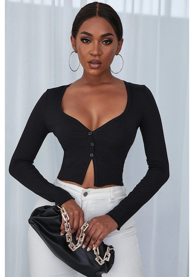 Moda Dua Kadın Siyah Uzun Kollu Düğmeli Göğüs Ve Göbek Dekolteli Crop Top Bluz