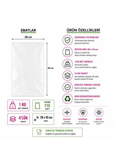 Bakkaliye Poşeti 28x45 Cm 115 Adet 4'lük 1 Kg Şeffaf Sızdırmaz Bakliyat Şeker Balık Market Poşeti
