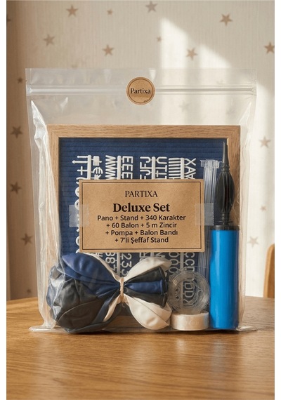 Uzay Temalı Doğum Günü Süsleme Deluxe Set Koyu Mavi Keçe Yazı Panosu Standlı Pompa Balon Zincirli 7 Li Şeffaf Balon Standlı 3 - 7