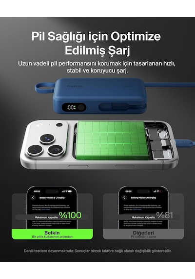 Ultracharge 10000 Mah Usb-c Kablolu Ve Ekranlı Power Bank, Mavi
