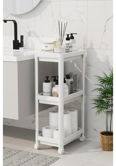 3 Katlı Banyo Raf Ünitesi Peggy Beyaz Banyo Düzenleyici Şampuanlık Havluluk Dolap Beyaz Beyaz