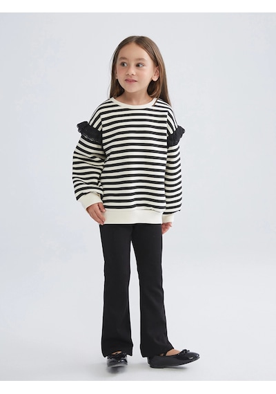 LC Waikiki Lcw Kids Siyah Bisiklet Yaka Çizgili Kız Çocuk Sweatshirt Black Strıped
