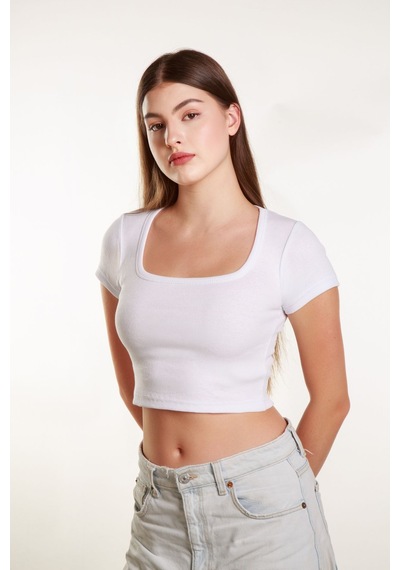 Mea Capio Kadın Fitilli Crop Kare Yaka Fitilli Kısa Kollu T-shirt Atlet Beyaz