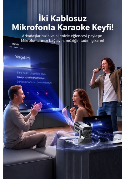 Vd-pjt004 Android 14 Akıllı Projeksiyon Cihazı, 4k Destekli 720p Hd, 180 Ansı, 180 Döner Stand, Karaoke, 2 Kablosuz Mikrofon, Dahili Hoparlör, Wifi 5g, Bluetooth 5.0, Hdmı, Usb, Mini Projektör