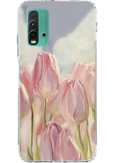 Redmi 9t-poco M3 Uyumlu Pembe Laleler Baskılı Silikon Kılıf Renkli