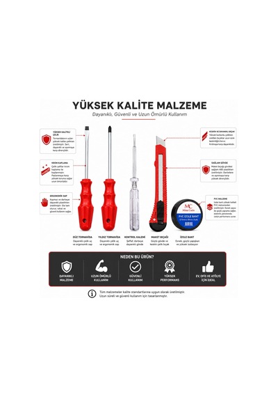 7 Parça El Aleti Seti 2 Düz Tornavida 2 Yıldız Tornavida Kontrol Kalemi Maket Bıçağı Pvc İzole Bant Dayanıklı Ergonomik Ev Atölye Tamirhane Bakım Onarım Elektrik Montaj Çözümü
