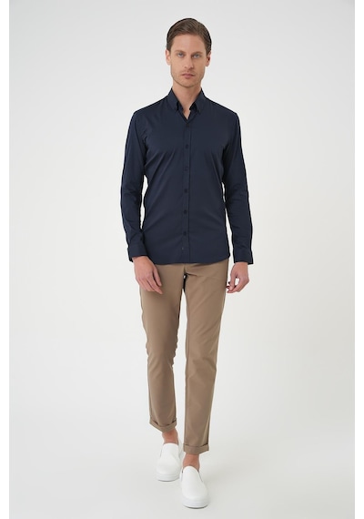 Efor Slim Fit Düğmeli Yaka Esnek Pamuk Klasik Lacivert Gömlek Gk 727 Lacivert