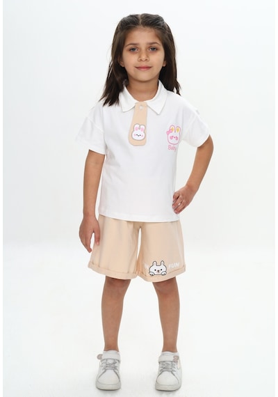 Toontoy Kids Toontoy Kız Çocuk Polo Yaka Göğsü Baskılı Şortlu Takım Bej