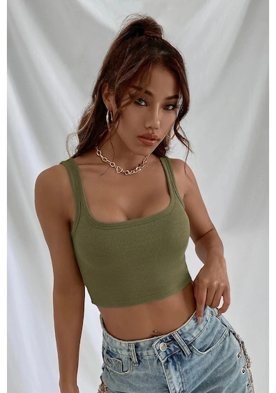 Kapsulavm Kadın Haki Yeşili Kalın Askılı Crop Top Büstiyer