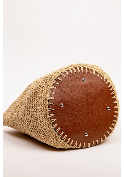Fabric Craft Bag El Çantası Örgü Kağıt İp Ahşap Saplı Kadın Çanta 40x25 Cm Açık Kahverengi