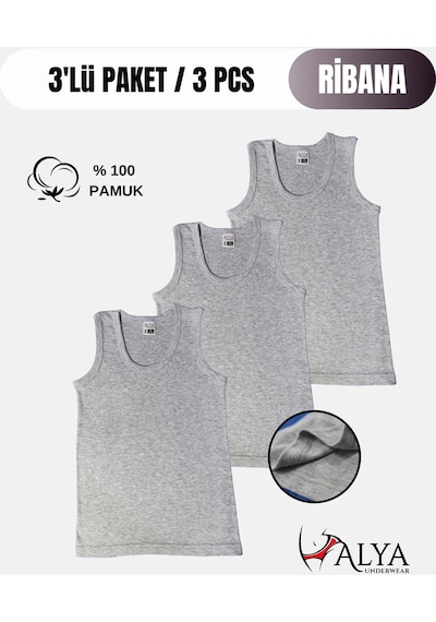 Alya Underwear Erkek Çocuk Pamuk Ribana Atlet Oval Yaka 3'lü Paket Gri-tgm