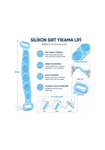 Silikon Sırt Yıkama Lifi 70 X 10 Cm, Çift Taraflı Esnek Banyo Kesesi, Uzun Saplı Vücut Temizleme Ve Masaj Lifi