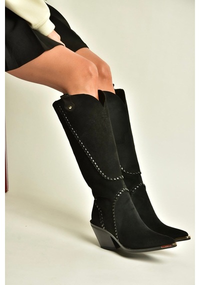 Fox Shoes Z996008502 Siyah Süet Kalın Topuklu Kovboy Model Kadın Çizme