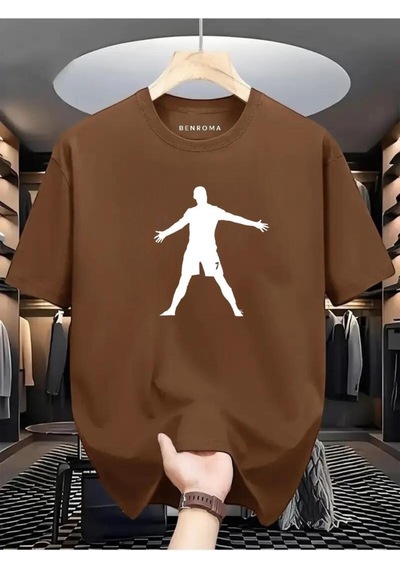 Eller Yanda Beyaz Baskılı Oversize Tişört Kahverengi