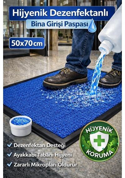 Myfloor Renkli Dezenfektan 50x70 Cm Kıvırcık Paspaslı Hijyenik Kauçuk Paspas Mavi