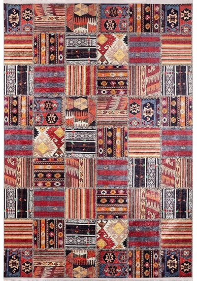 140x200 Cm Hangzhou Bordo Patchwork Yün El Dokuma Modern Geometrik Etnik Eskitme Desenli Boho Oturma Odası Salon Yollu Genel