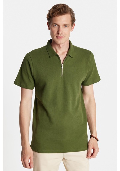 Tudors Erkek Slim Fit Dar Kesim %100 Pamuk Fermuarlı Yeşil Polo Yaka Tişört-34349 Yeşil
