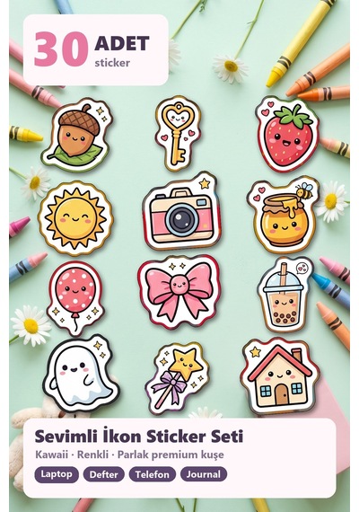 30 Adet Sevimli Karakter Sticker Seti Boba Çayı, Yağmurlu Bulut, Uykulu Hilal - Laptop Defter Ajanda İçin Renkli Çok Renkli