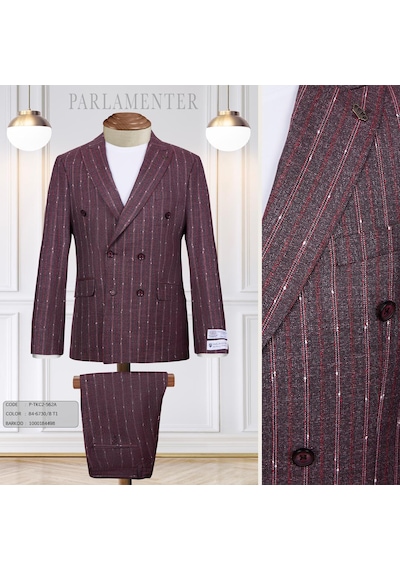 Fabıo Cassel Lacivert Kruvaze Erkek Takım Elbise Slim Fit Burgonya
