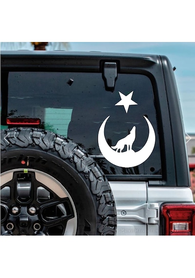 Ay Yıldız Ve Kurt Sticker - Araba Oto Motosiklet Karavan Cam Araç Sticker - 00345 10x7 Cm