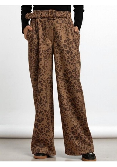 Zekids Kız Çocuk Leopar Desenli Süet Geniş Paça Tasarım Pantolon-16291 Kahverengi