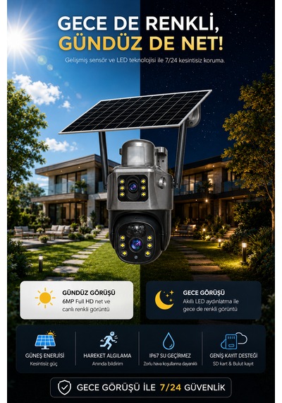 Wifi 3 Kameralı Solar Panelli İkaz Lambalı Gece Görüşlü Güvenlik Kamerası