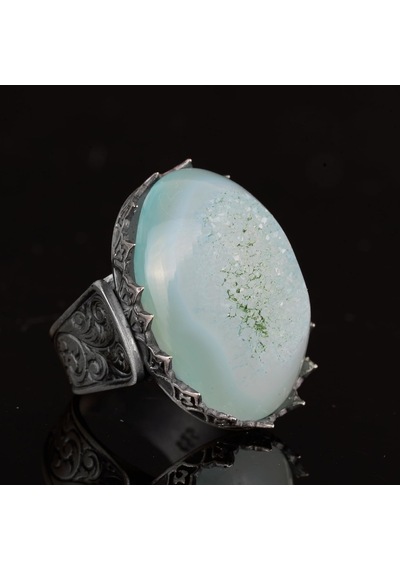 Erkekler İçin 925 Ayar Gümüş Yüzük, Doğal Druzy Kuvars: Aqua, Yeşil, Bej Seçenekleri Aqua Gümüş
