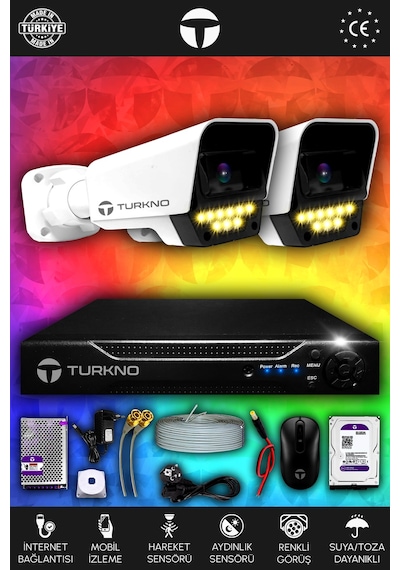 Turkno 2 Kameralı Supia 2 Dış Kamera Set 2 TB 5 MP 2K Net Renkli Gece Görüşlü Güvenlik Kamerası Sistemi