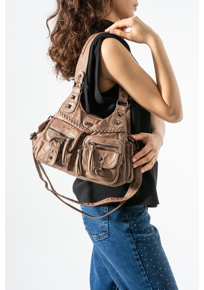 571 Collections Yıkanmış Deri Çok Cepli Omuz Kol Çantası Vizon Model: 571-12o