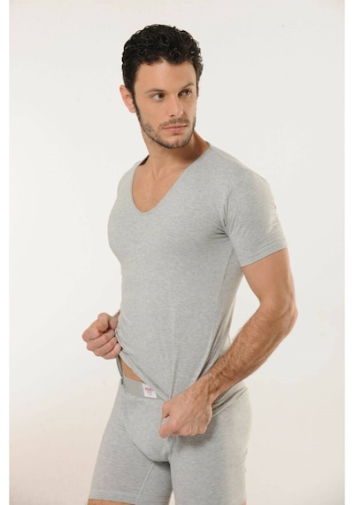 Hmd 713 Derin V Yaka Kısa Kollu Likralı T-shirt - Gri Gri